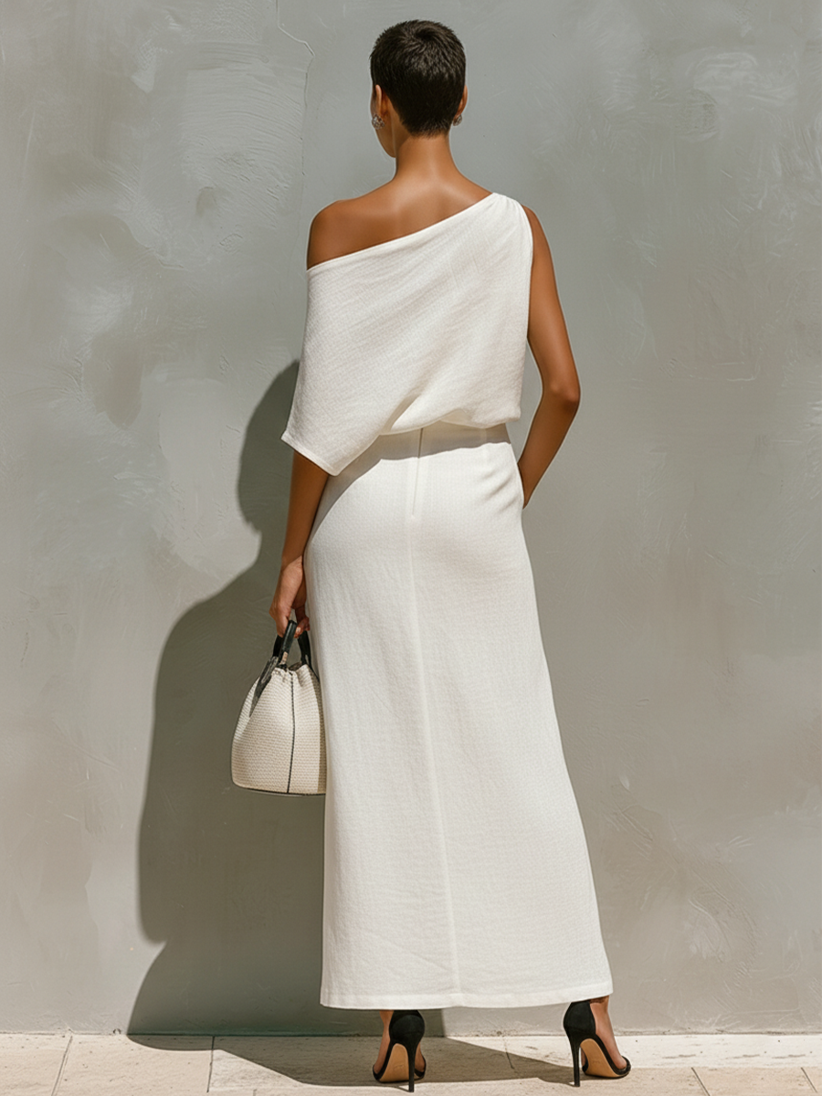 One-Shoulder Knot Detail & Front Slit Skirt Set