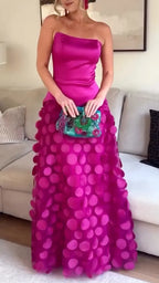 Fuchsia 3D Dot Strapless Satin Maxi Dress