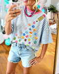 Pencil Sequined Letter Embroidered Striped Tee