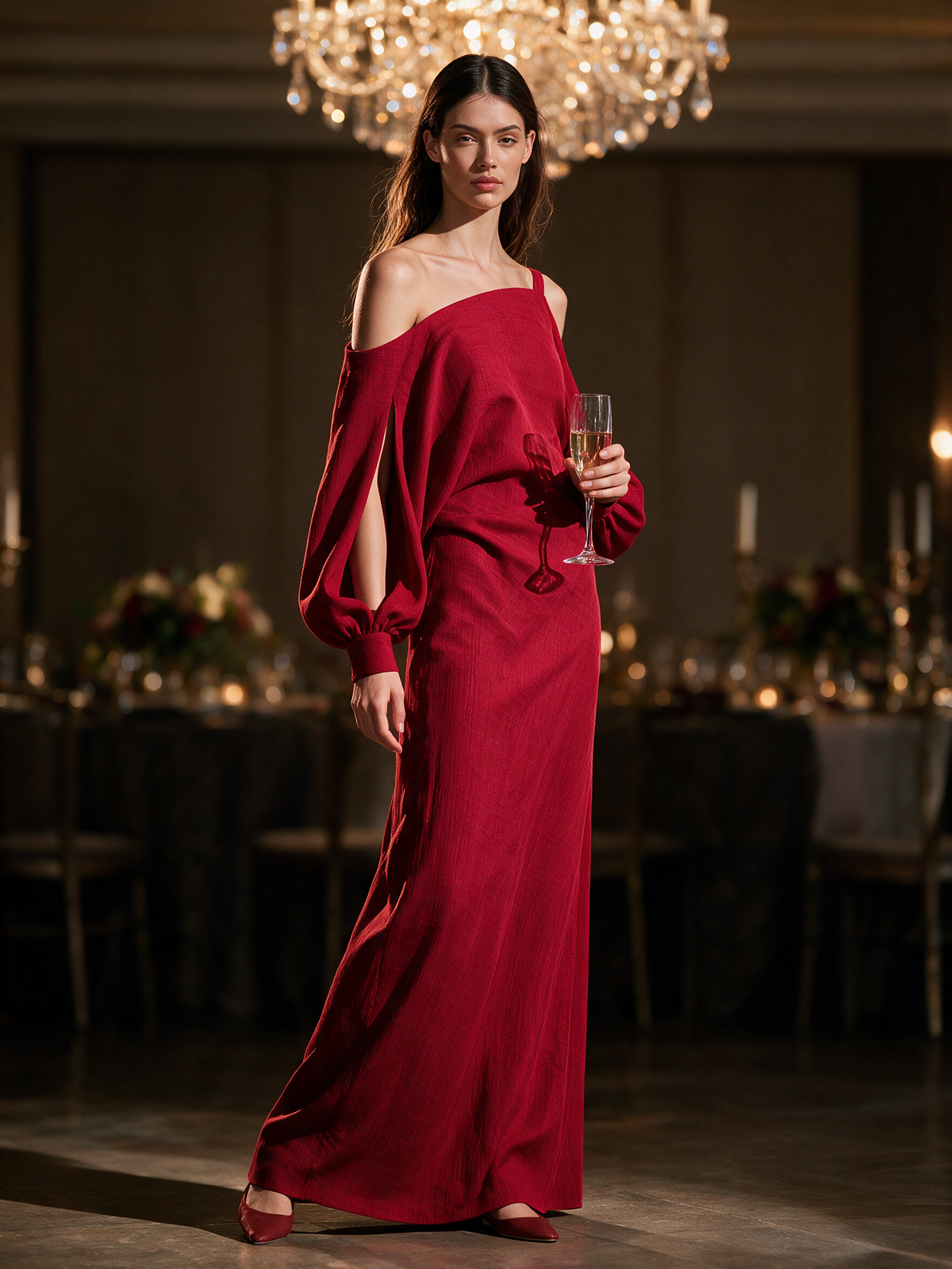 Cold-Shoulder Draped Maxi Dress