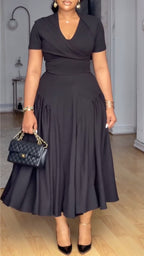Wrap V-Neck Midi Flare Dress