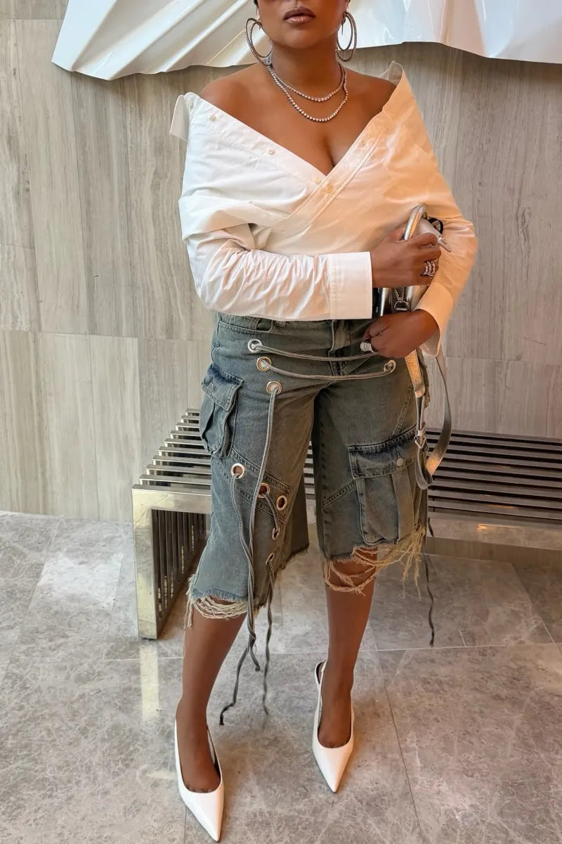 Off-Shoulder Wrap Shirt & Denim Cargo Knee Shorts Outfit
