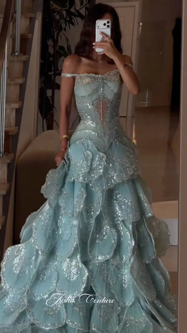 Off-Shoulder Petal Sequin Ball Gown