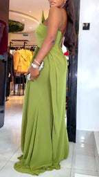 One-Shoulder Ruched Slit Evening Gown