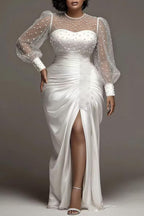 Pearl Beaded Satin Mermaid Evening Gown