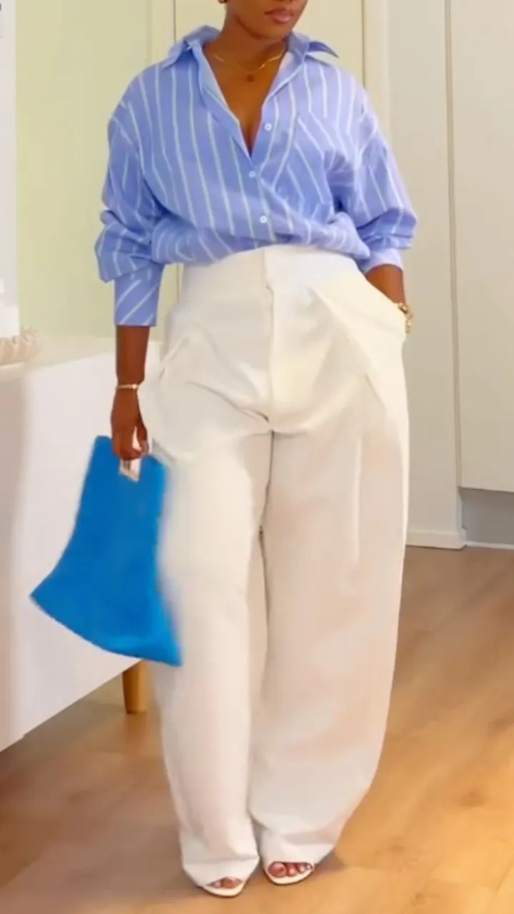 Striped Shirt & White Wide Leg Pants Two-Piece Outfit