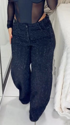 Over Rhinestone Wide Leg Cargo Denim Jeans