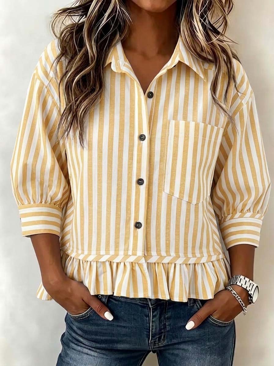 New Arrival🔥Women’s Casual Striped Button-Up Blouse Loose Fit 3/4 Sleeve Ruffled Hem Shirt