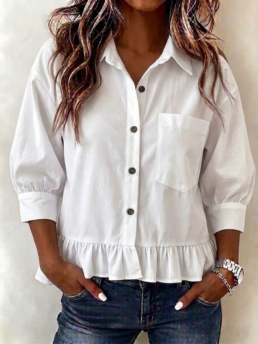 New Arrival🔥Women’s Casual V-Neck Button-Up Loose Fit 3/4 Sleeve Ruffled Hem shirt