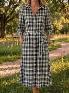 New Arrivals🔥 Women's Retro Button-Down Front Collar Stripe Print Cotton Linen Dress