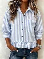 New Arrival🔥Women’s Casual Striped Button-Up Blouse Loose Fit 3/4 Sleeve Ruffled Hem Shirt
