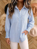 New Arrival🔥Women's Vertical Striped Button Down Shirt - Long Sleeve Collared Blouse with Smocked Cuffs, Casual Loose Fit Top