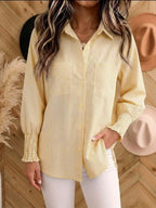New Arrival🔥Women's Vertical Striped Button Down Shirt - Long Sleeve Collared Blouse with Smocked Cuffs, Casual Loose Fit Top