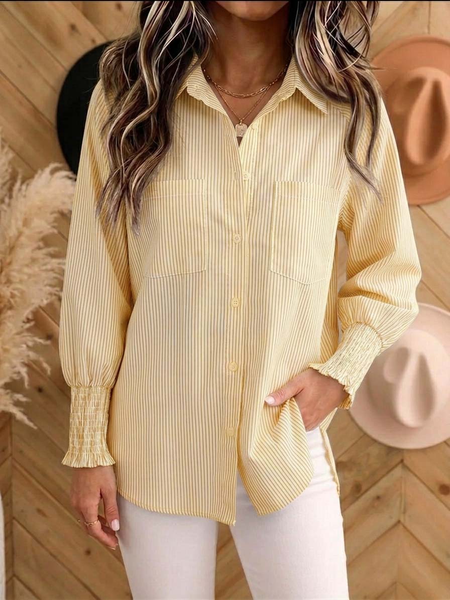 New Arrival🔥Women's Vertical Striped Button Down Shirt - Long Sleeve Collared Blouse with Smocked Cuffs, Casual Loose Fit Top