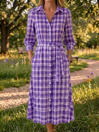 New Arrivals🔥 Women's Retro Button-Down Front Collar Stripe Print Cotton Linen Dress