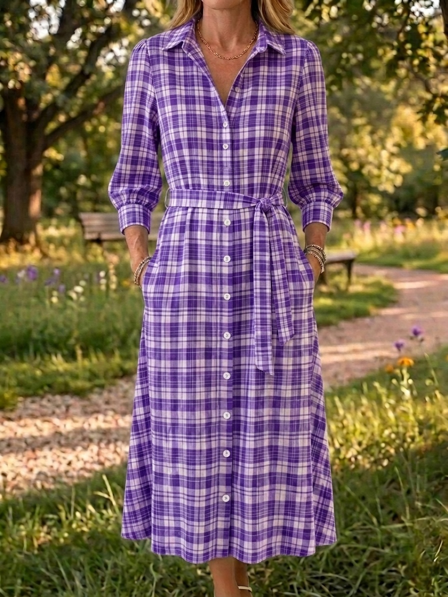 New Arrivals🔥 Women's Retro Button-Down Front Collar Stripe Print Cotton Linen Dress