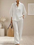 New Arrivals🔥Women's Waffle Two-Piece Set-Casual Shirt & Wide Leg Pants Outfit