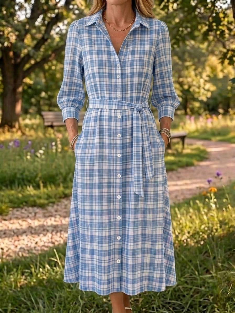 New Arrivals🔥 Women's Retro Button-Down Front Collar Stripe Print Cotton Linen Dress