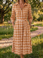 New Arrivals🔥 Women's Retro Button-Down Front Collar Stripe Print Cotton Linen Dress