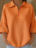New Arrivals🔥 Women's Casual Polo Zipper 4/3 Sleeves Waffle-knit T-shirt