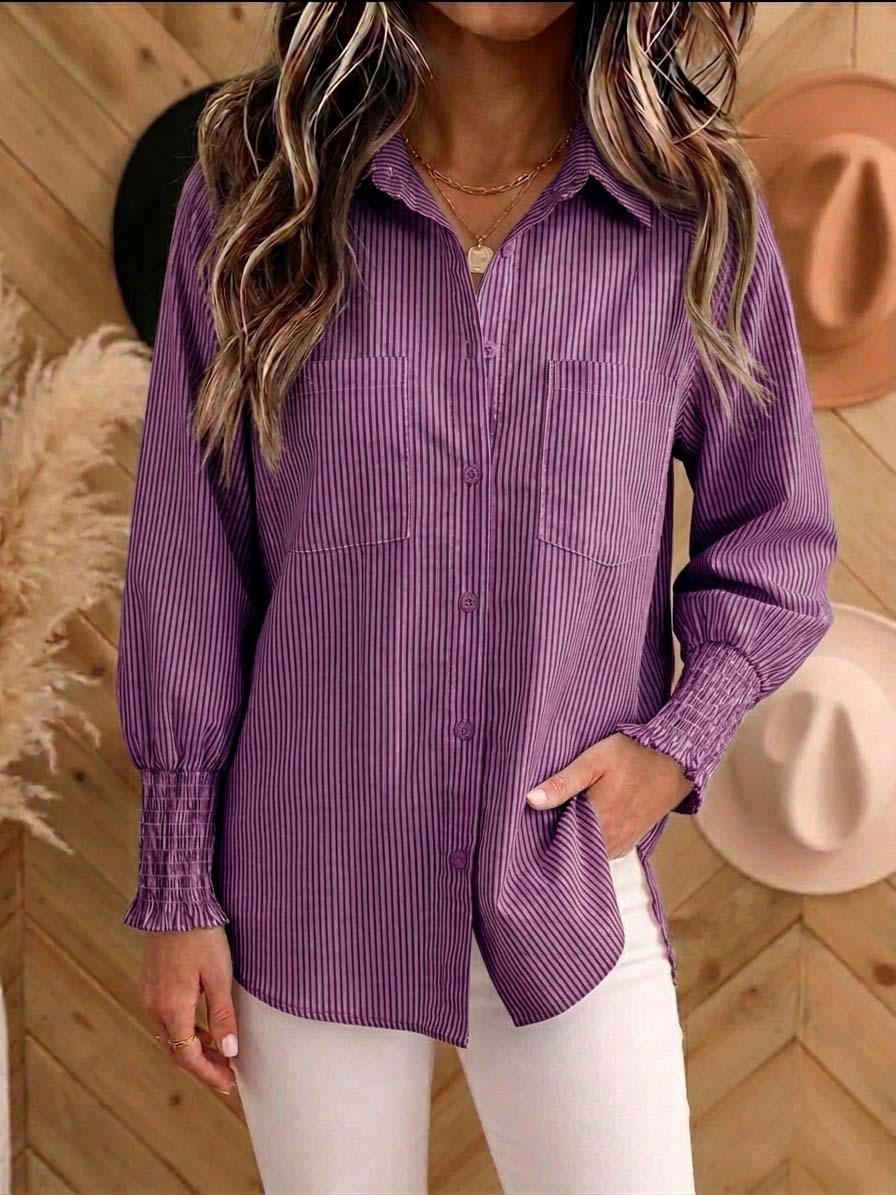 New Arrival🔥Women's Vertical Striped Button Down Shirt - Long Sleeve Collared Blouse with Smocked Cuffs, Casual Loose Fit Top