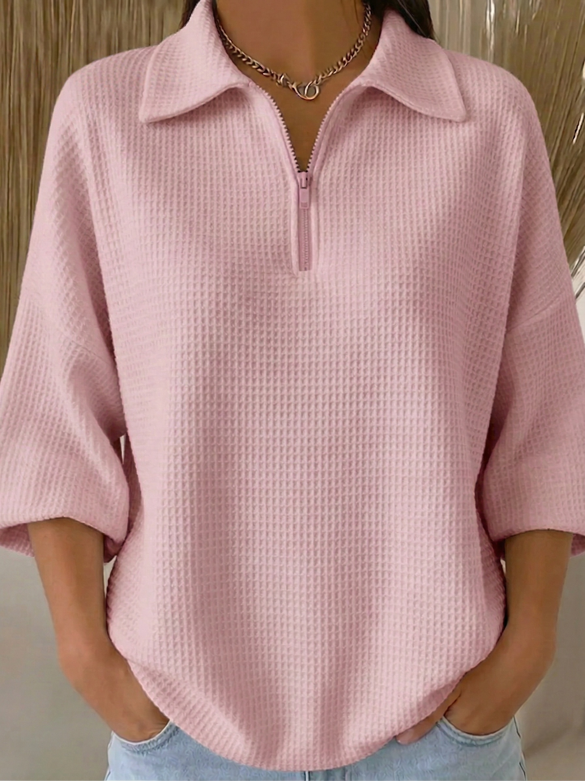 New Arrivals🔥 Women's Casual Polo Zipper 4/3 Sleeves Waffle-knit T-shirt