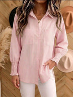 New Arrival🔥Women's Vertical Striped Button Down Shirt - Long Sleeve Collared Blouse with Smocked Cuffs, Casual Loose Fit Top