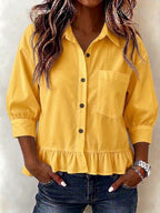 New Arrival🔥Women’s Casual V-Neck Button-Up Loose Fit 3/4 Sleeve Ruffled Hem shirt