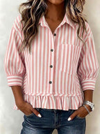 New Arrival🔥Women’s Casual Striped Button-Up Blouse Loose Fit 3/4 Sleeve Ruffled Hem Shirt