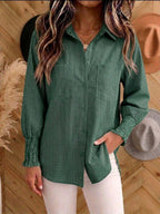 New Arrival🔥Women's Vertical Striped Button Down Shirt - Long Sleeve Collared Blouse with Smocked Cuffs, Casual Loose Fit Top