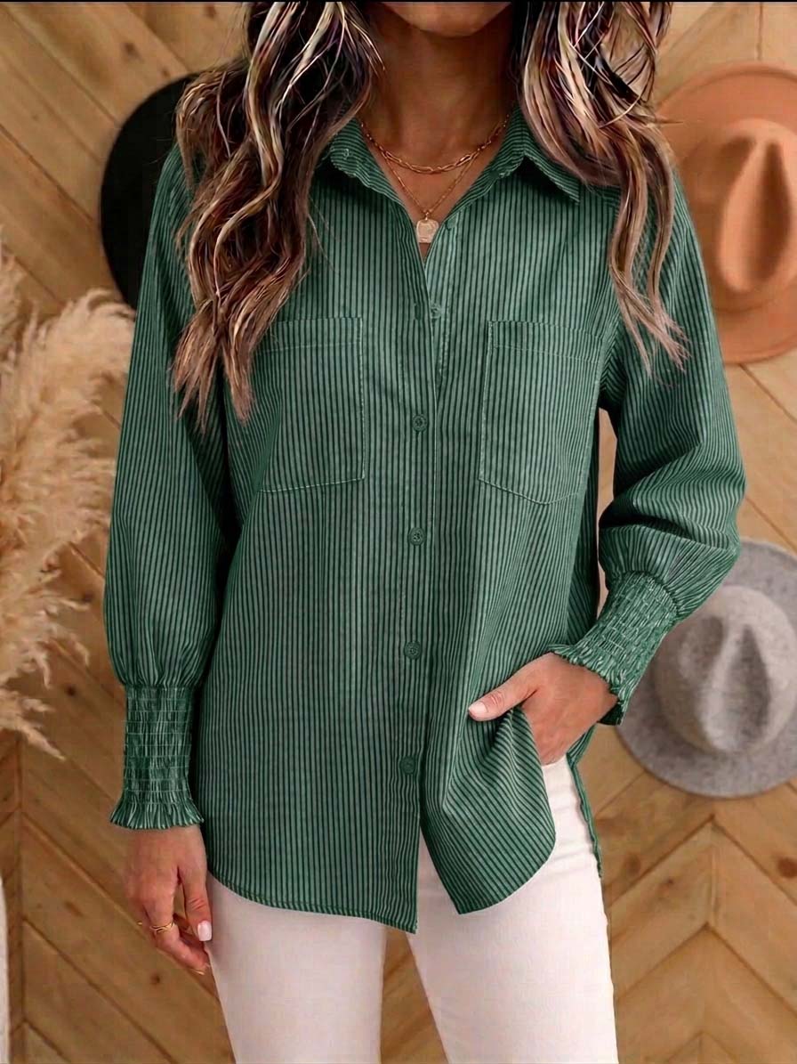 New Arrival🔥Women's Vertical Striped Button Down Shirt - Long Sleeve Collared Blouse with Smocked Cuffs, Casual Loose Fit Top