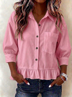 New Arrival🔥Women’s Casual V-Neck Button-Up Loose Fit 3/4 Sleeve Ruffled Hem shirt