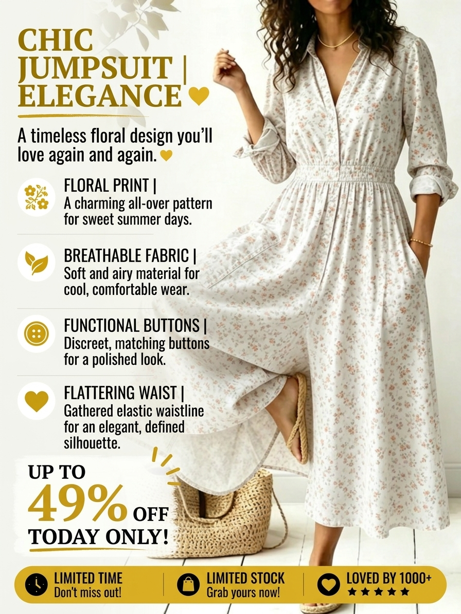Women's Boho Floral Wide Leg Jumpsuit Casual V Neck Button Down Long Jumpsuits with Pockets