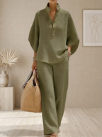 New Arrivals🔥Women's Waffle Two-Piece Set-Casual Shirt & Wide Leg Pants Outfit