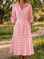 New Arrivals🔥 Women's Retro Button-Down Front Collar Stripe Print Cotton Linen Dress