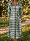 New Arrivals🔥 Women's Retro Button-Down Front Collar Stripe Print Cotton Linen Dress