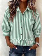 New Arrival🔥Women’s Casual Striped Button-Up Blouse Loose Fit 3/4 Sleeve Ruffled Hem Shirt