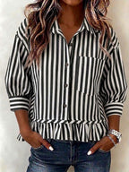 New Arrival🔥Women’s Casual Striped Button-Up Blouse Loose Fit 3/4 Sleeve Ruffled Hem Shirt