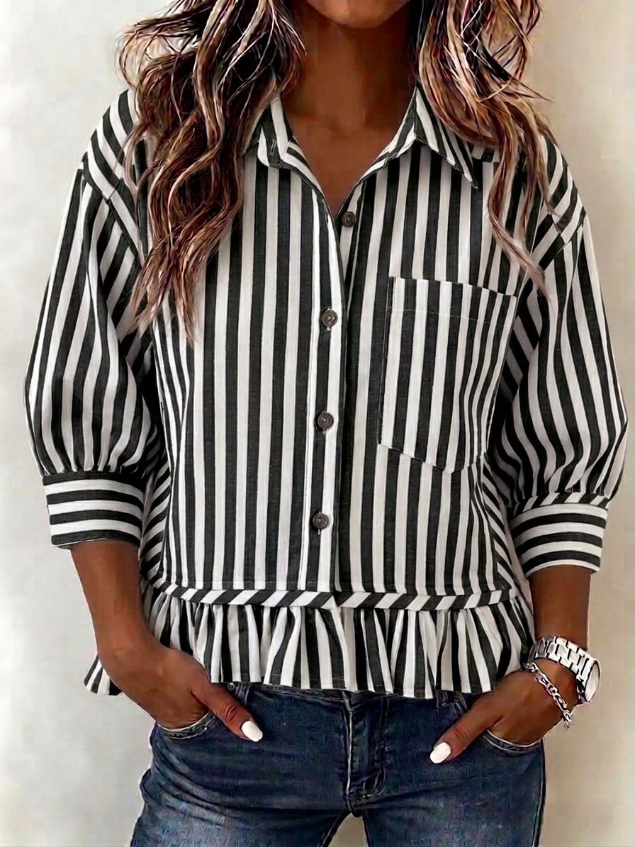 New Arrival🔥Women’s Casual Striped Button-Up Blouse Loose Fit 3/4 Sleeve Ruffled Hem Shirt