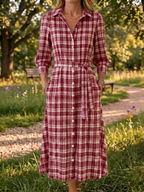 New Arrivals🔥 Women's Retro Button-Down Front Collar Stripe Print Cotton Linen Dress