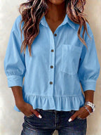 New Arrival🔥Women’s Casual V-Neck Button-Up Loose Fit 3/4 Sleeve Ruffled Hem shirt