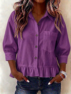 New Arrival🔥Women’s Casual V-Neck Button-Up Loose Fit 3/4 Sleeve Ruffled Hem shirt