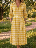 New Arrivals🔥 Women's Retro Button-Down Front Collar Stripe Print Cotton Linen Dress