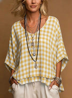 Casual V Neck Plaid Tunic Loose Comfort Fit Linen-Look Short Sleeve Blouse