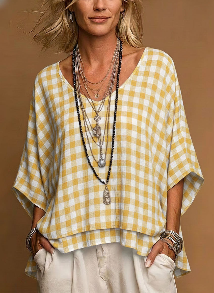 Casual V Neck Plaid Tunic Loose Comfort Fit Linen-Look Short Sleeve Blouse