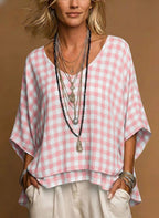 Casual V Neck Plaid Tunic Loose Comfort Fit Linen-Look Short Sleeve Blouse