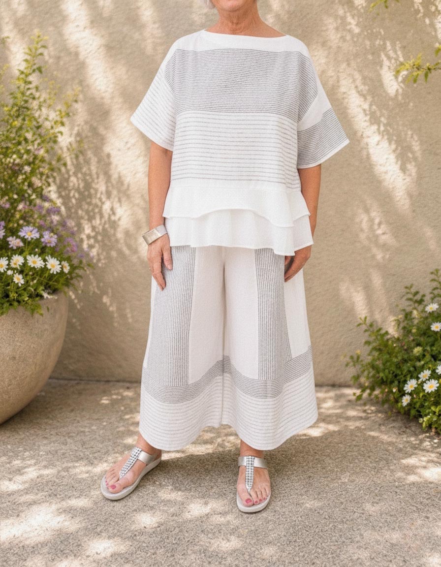 New Arrival🔥Women's Loose Casual Striped Two-Piece Set with Tiered Hem Top & Wide-Leg Pants