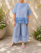 New Arrival🔥Women's Loose Casual Striped Two-Piece Set with Tiered Hem Top & Wide-Leg Pants