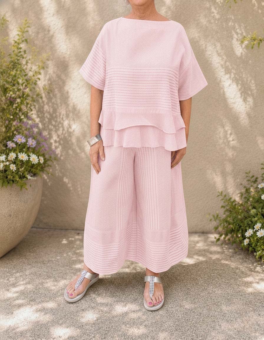New Arrival🔥Women's Loose Casual Striped Two-Piece Set with Tiered Hem Top & Wide-Leg Pants