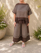 New Arrival🔥Women's Loose Casual Striped Two-Piece Set with Tiered Hem Top & Wide-Leg Pants